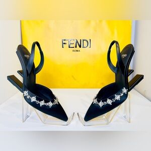 Fendi First Slingback Heels Black Satin With Nero Crystal Size 37.5 Retail$1790